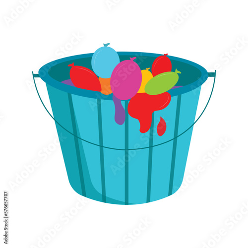 Colorful balloons filled with water bucket isolated on a white background. 