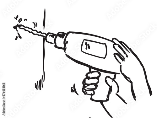 hand holding a drill hand drawn vector illustration