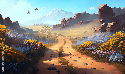  a painting of a dirt road surrounded by wildflowers.  generative ai photo