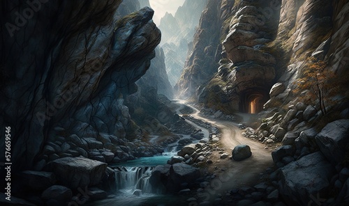  a painting of a mountain stream and a tunnel in the side of a mountain. generative ai