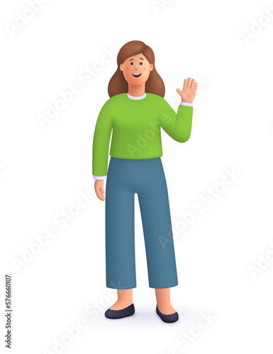 Young smiling woman standing with greeting gesture, saying Hello, Hi or Bye and waving with hand.. 3d vector people character illustration. Cartoon minimal style.