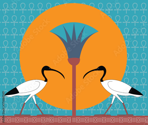 Sacred Egyptian ibis with lotus flowers Illustration Vector background