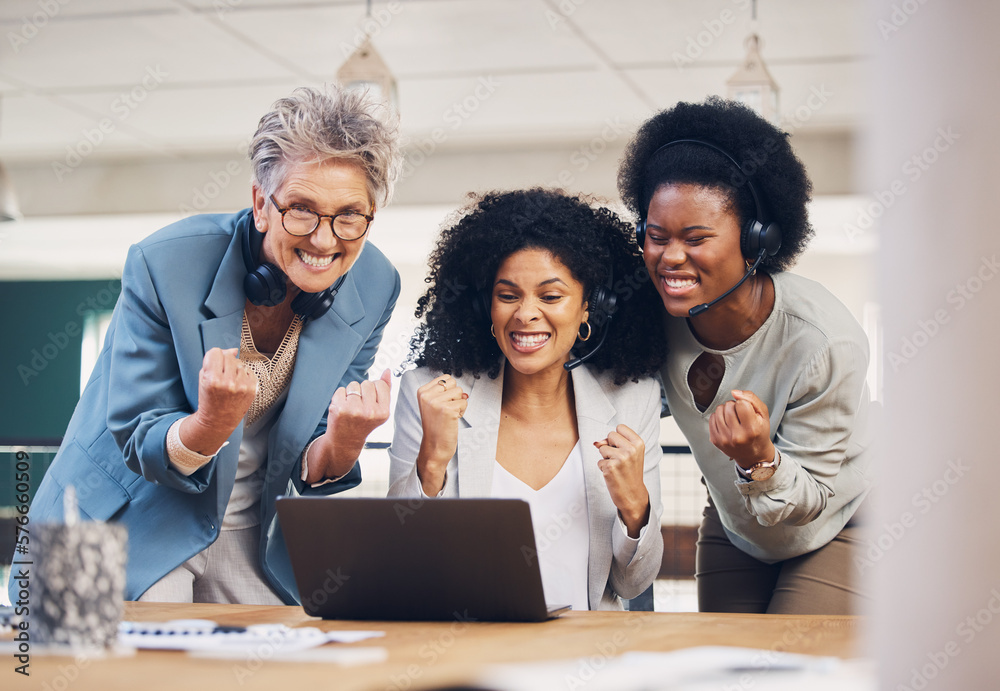 Teamwork goals, success or happy people in call center in celebration of sales target together in office. Winner, business deal or insurance agents celebrate bonus at customer services or crm support - obrazy, fototapety, plakaty 