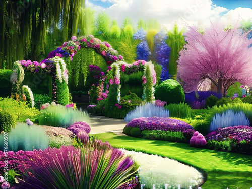 Enchanted garden A magical garden in spring. AI