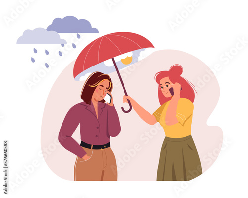 Woman supports her sad friend with psychological problems. Girl comforts female character over the phone. Counselling for people under stress and depression over online services. Online therapy vector