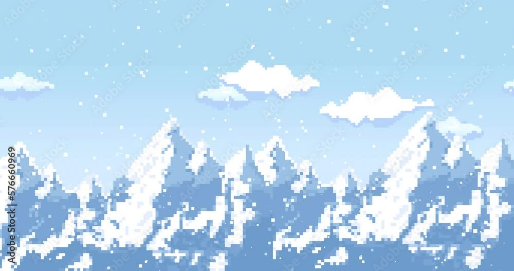 Pixel animation. Clouds, mountains for video game. Snow falling. Pixel art 8 bit