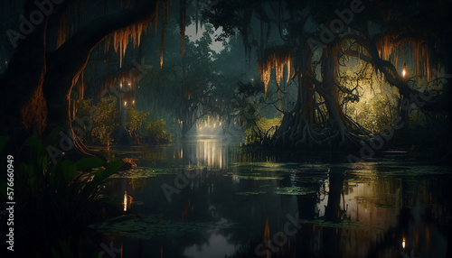 a magical glow-in-the-dark bay in an enchanted New Orleans forest. Generative AI