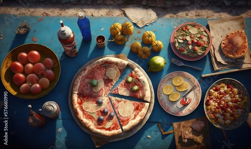  a table topped with a pizza covered in toppings next to a plate of fruit.  generative ai