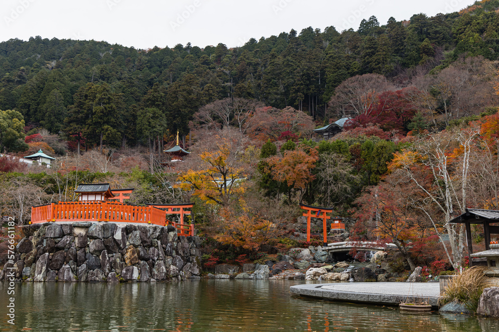 Naklejka premium 日本 大阪府箕面市にある勝尾寺の弁天堂と多宝塔と紅葉した木々