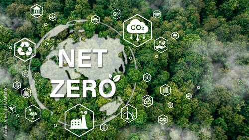 Net zero icons on the top view of the forest for Carbon neutral and net zero concept natural environment Climate-neutral long-term strategy greenhouse gas emissions targets