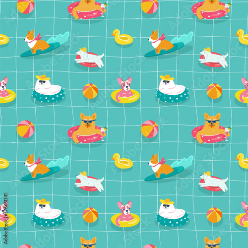 Funny dogs swimming in the blue pool and relaxing. Cool pets in inflatable circles, drinking cocktails. Swimsuit print, pattern for towel or beach bag. Bright colors - yellow, pink, blue.
