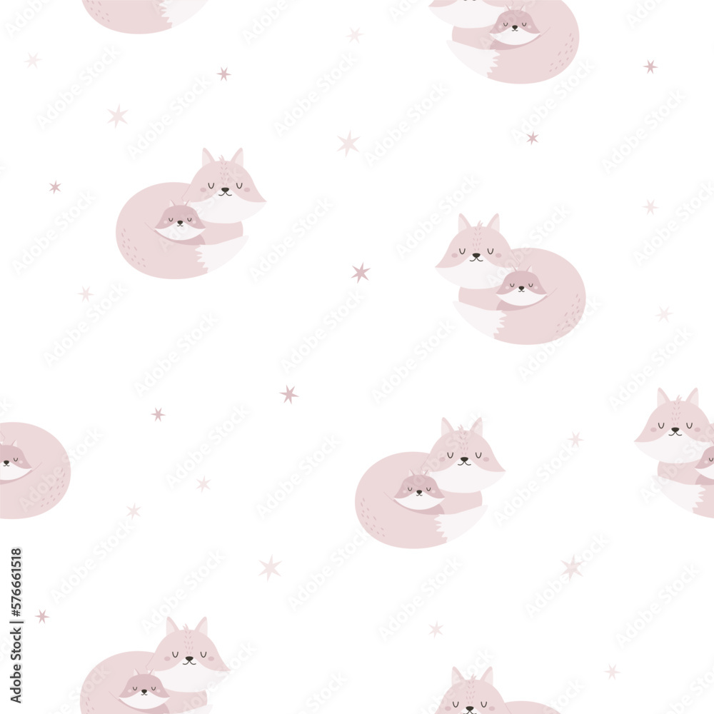 Seamless pattern with cute mother fox and baby on white background.