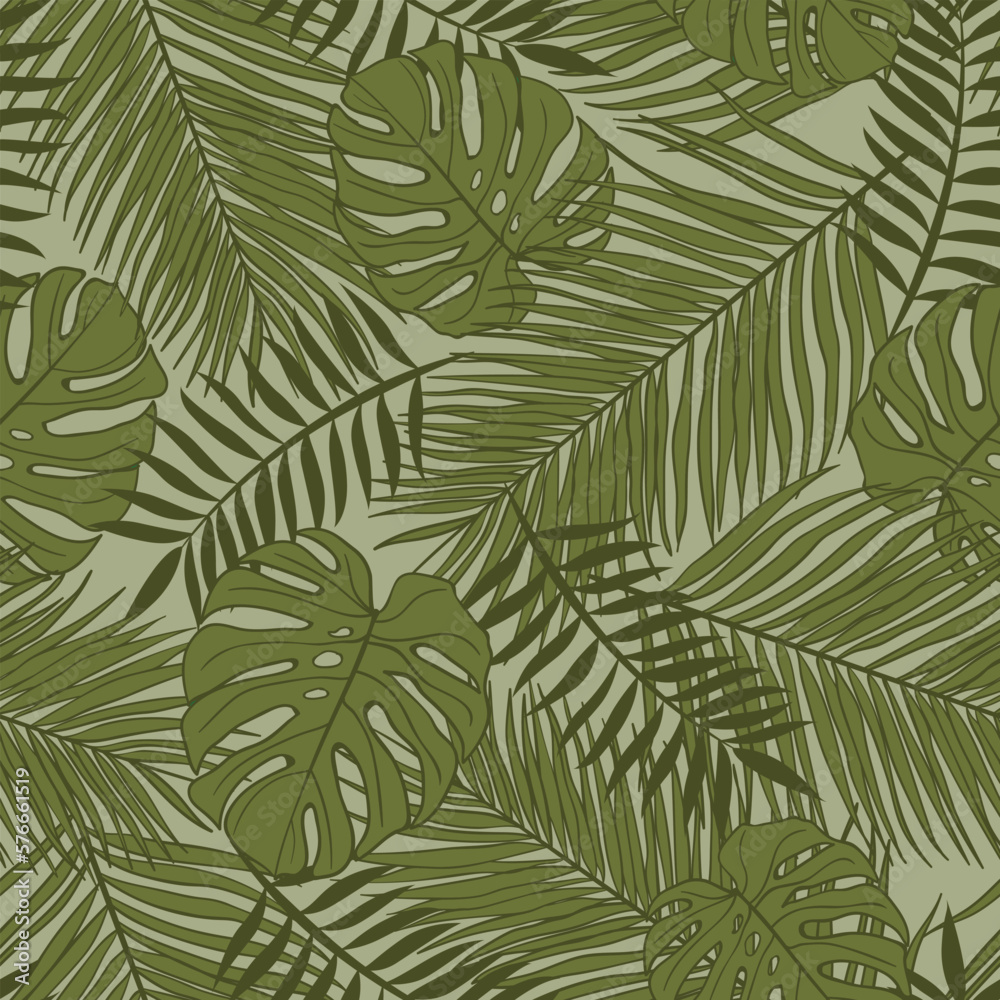 Palm and monstera leaves seamless pattern design. Tropical leaves branch and monstera summer pattern design. Tropical floral pattern background. Trendy Brazilian illustration. 