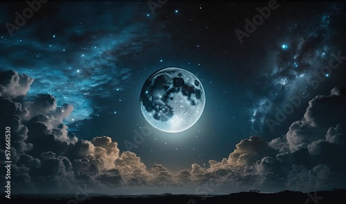  a full moon in the night sky with clouds and stars. generative ai