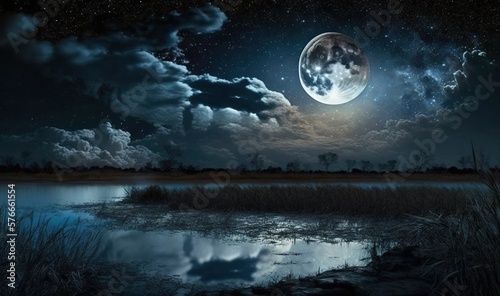  a full moon over a body of water with clouds in the sky. generative ai
