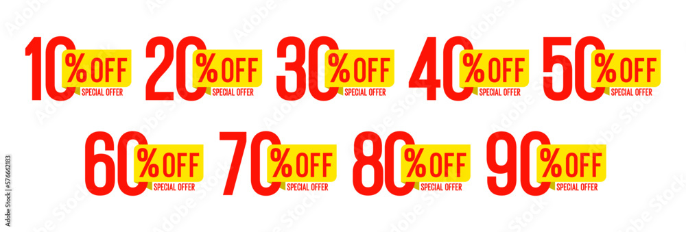 10%, 20%, 30%, 40%, 50%, 60%, 70%, 80%, 90%, 100% Discount. Sale tags set vector badges template. Sale offer price sign. Special offer symbol. Discount promotion. Discount badge shape. 10%, 20%, 30%, 40%, 50%, 60%, 70%, 80%, 90%, 100% Discount. Sale tags set vector badges template. Sale offer price sign. Special offer symbol. Discount promotion. Discount badge shape.