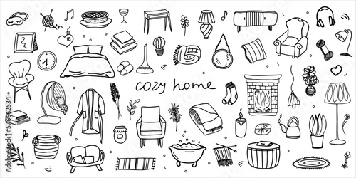 A set of elements is a cozy house. Interior items, dishes. Bed, armchair, furniture, plants. Vector black and white elements drawn by hand. Logo, doodle, sketch, clipart, template, design