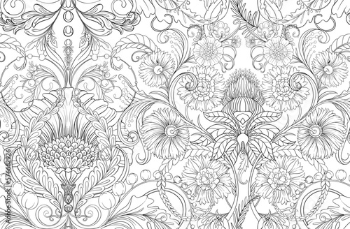 Decorative flowers and leaves in art nouveau style, vintage, old, retro style. Seamless pattern, background. Vector illustration. Seamless pattern, background.