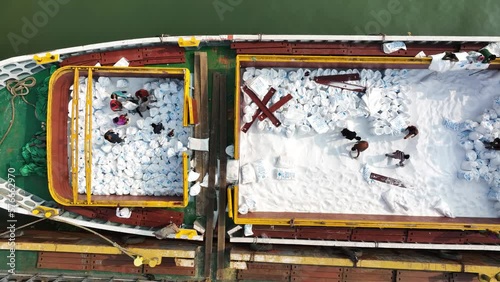 Aerial view of people unloading fertiliser from the boats in Bhairab, Kishoreganj, Bangladesh. photo