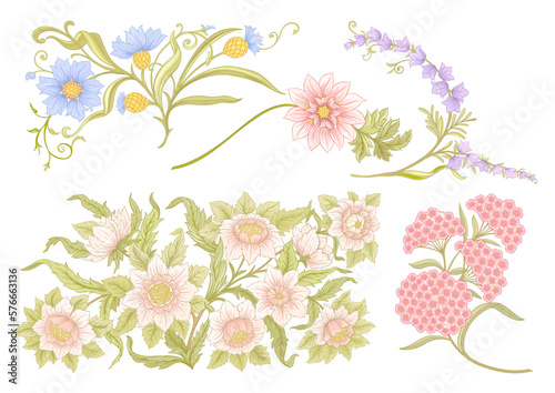Decorative flowers and leaves in art nouveau style, vintage, old, retro style. Clip art, set of elements for design Vector illustration.