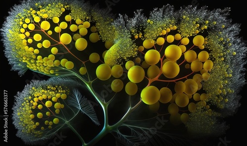  a close up of a plant with many yellow balls on it. generative ai