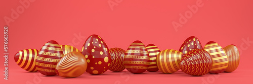 Canvas Print 3d render of 13 red and gold easter eggs on red background