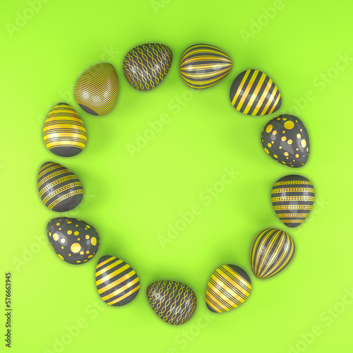 3d render of 13 black and gold easter eggs on green background. - Vacation background