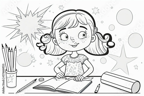 a lovely little girl completing her schoolwork in a coloring page for kids. coloring page outline art in black and white, with a starburst, an alphabet block, and other geometric figures. Normal 8.5 x