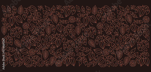 Cocoa bean background. Chocolate pack floral ornament. Beans and branches leaves. Editable outline stroke. Vector line.