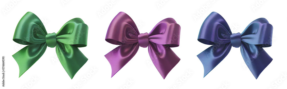 Set of Beautiful ribbon Bows. Green, Purple and Blue colors. Isolated on white. Generative AI.