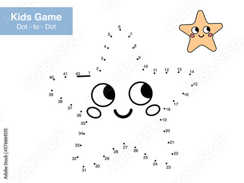 Dot to dot educational game for children. Cute cartoon starfish. Numbers game. Activity worksheet for kids. Connect the dots and color. Vector illustration.