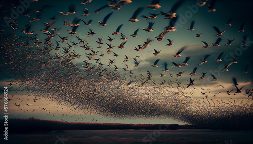 A flock of birds migrating in formation generative AI photo