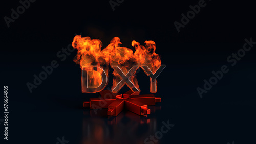 DXY sign with fire and flames over the letters and Japanese candlesticks, the concept of hot volatility U.S. Dollar Index on the market, trading on the stock exchange, 3d rendering photo