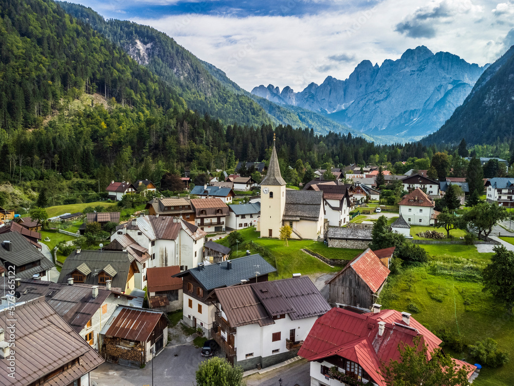 Obraz premium The mountain town of Valbruna and the Julian Alps. Dream nature. Friuli.