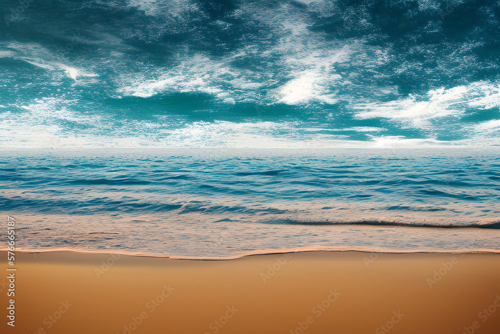 Seascape abstract beach background. blur bokeh light of calm sea and sky. Focus on sand foreground ai generative