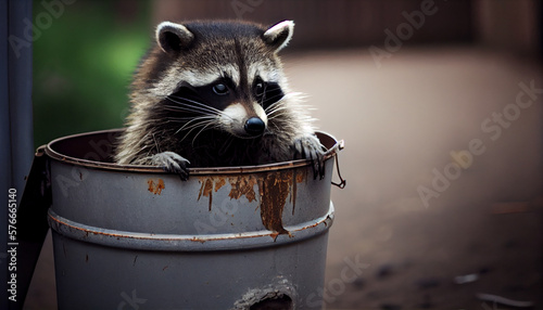 A raccoon foraging for food in a trash can generative AI