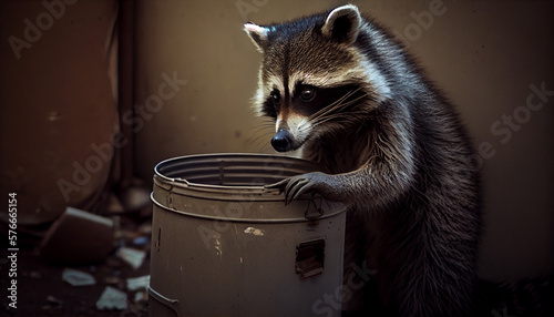 A raccoon foraging for food in a trash can generative AI
