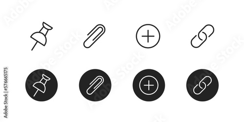 Attach icon set. Add pin, clamp, clip, plus and chain symbol colection. Attachment file minimalistic button interface element.