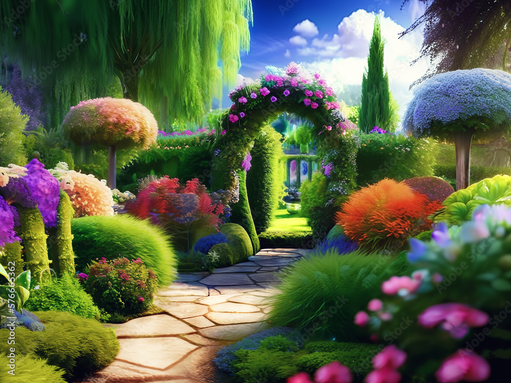 Enchanted garden A magical garden in summer. AI