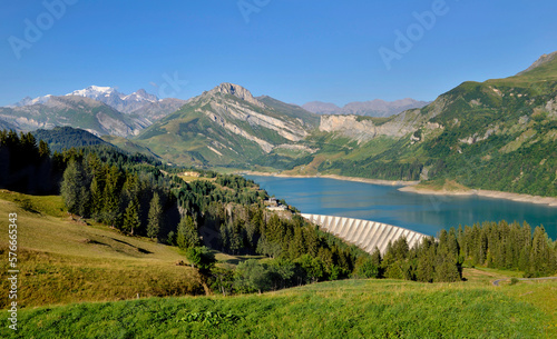 view on roselend dam in a mountainous alpine landscape with Mont Blanc