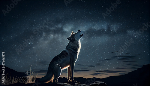 A wolf howling in the night generative AI photo