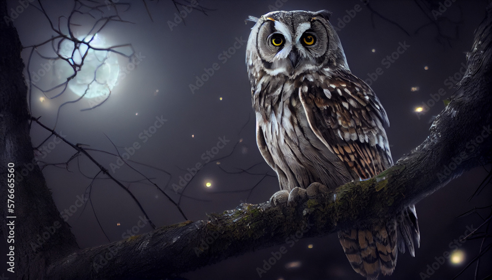 An owl perched on a tree branch at night generative AI An owl perched on a tree branch at night generative AI