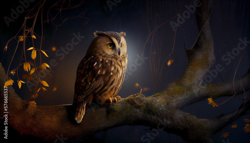 An owl perched on a tree branch at night generative AI photo