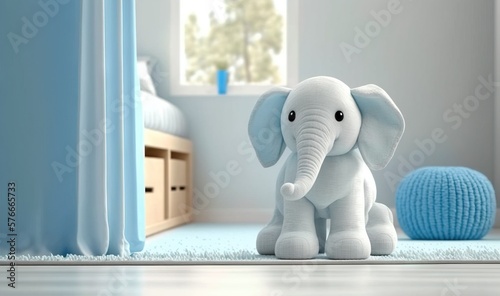  an elephant toy sitting on a blue rug in a room. generative ai