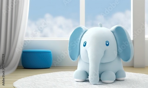  a stuffed elephant sitting on top of a rug in front of a window. generative ai