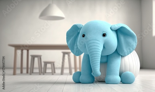  a blue elephant sitting on top of a white ball in a room. generative ai