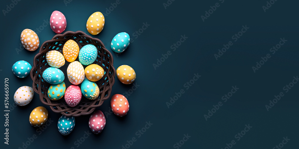 Easter eggs top view banner with empty copy space blank background , beautiful painted eggs in basket concept illustration created with generative ai Easter eggs top view banner with empty copy space blank background , beautiful painted eggs in basket concept illustration created with generative ai