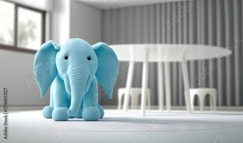  a blue stuffed elephant sitting in front of a white table. generative ai