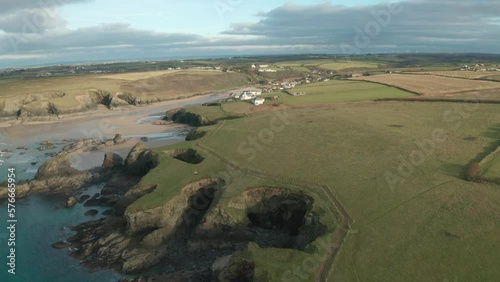 Wallpaper Mural Aerial view of Porthcothan beach along the wild coastline with coves and cliffs, Cornwall, United Kingdom. Torontodigital.ca