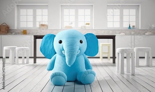  a blue stuffed elephant sitting on a wooden floor in a kitchen. generative ai